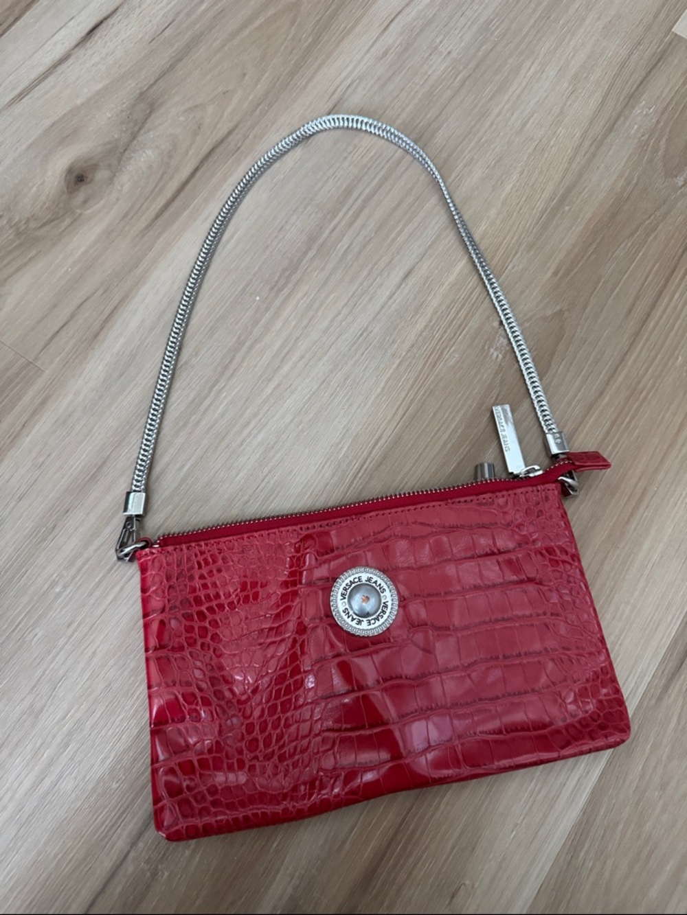 Versace Red Croc-Embossed Wristlet with Silver Chain Strap